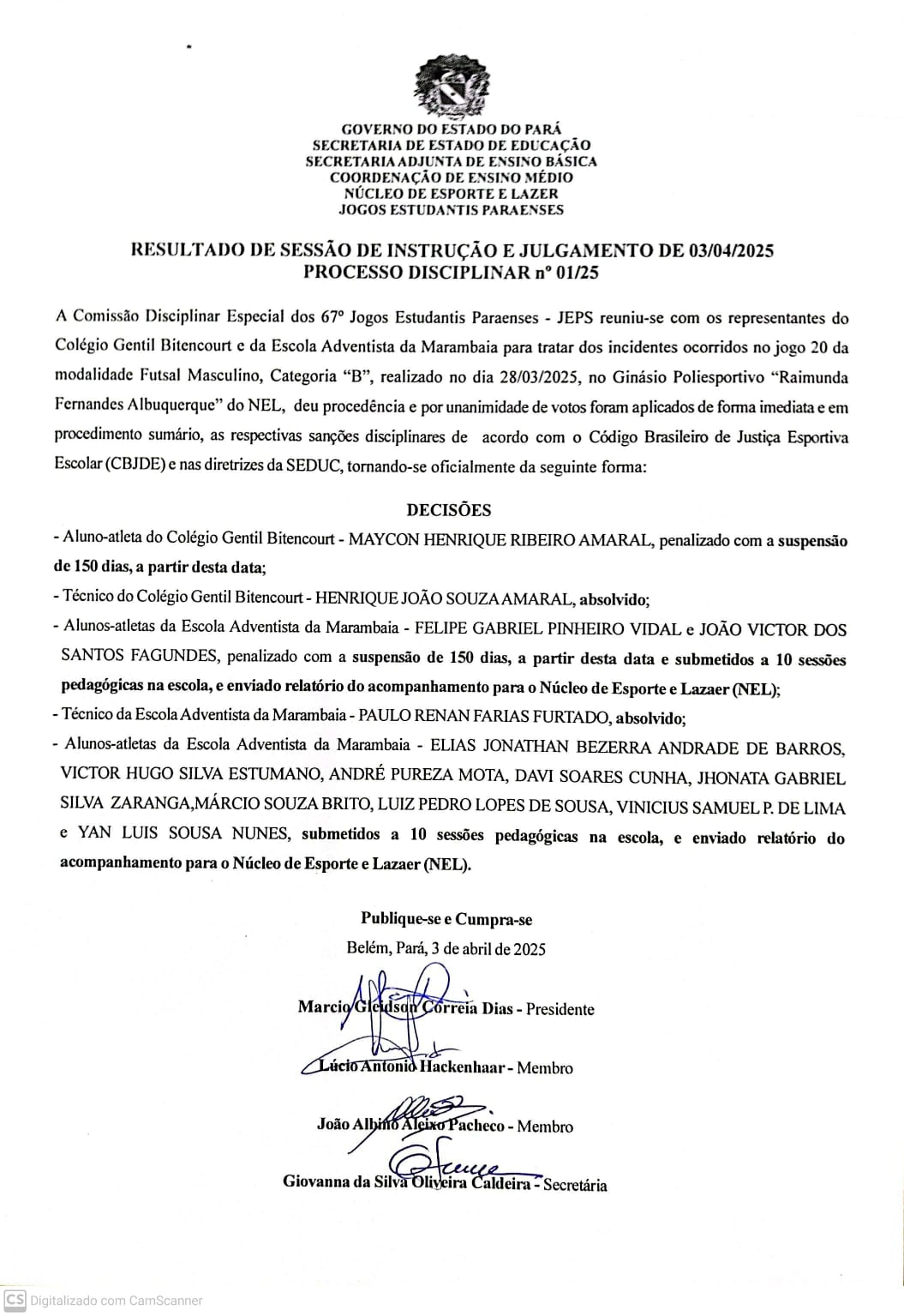 notícia: RESULTADO PROCESSO DISICPLINAR Nº 01/2025